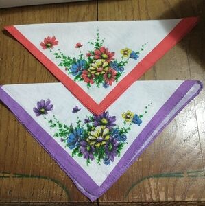 Vintage Pair of Bright Floral Handkerchiefs Square 10" x 10" Perfect for Crafts